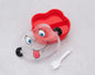 Miso station character themed red lunch box with two compartments, clear lid with silly face, and white plastic fork