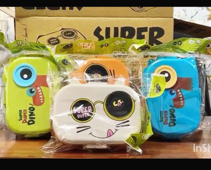 Miso station multi-compartment lunch boxes featuring playful dinosaur and cat character designs in vibrant colors.