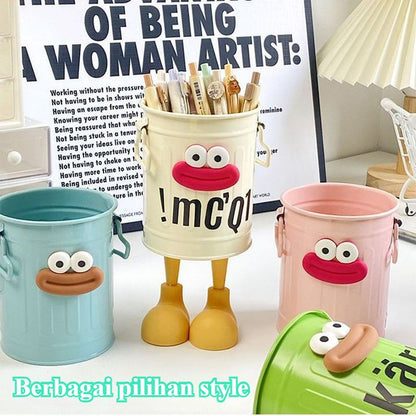 Miso station whimsical character pen holders in cream, light blue, pink, and green with expressive faces and legs.