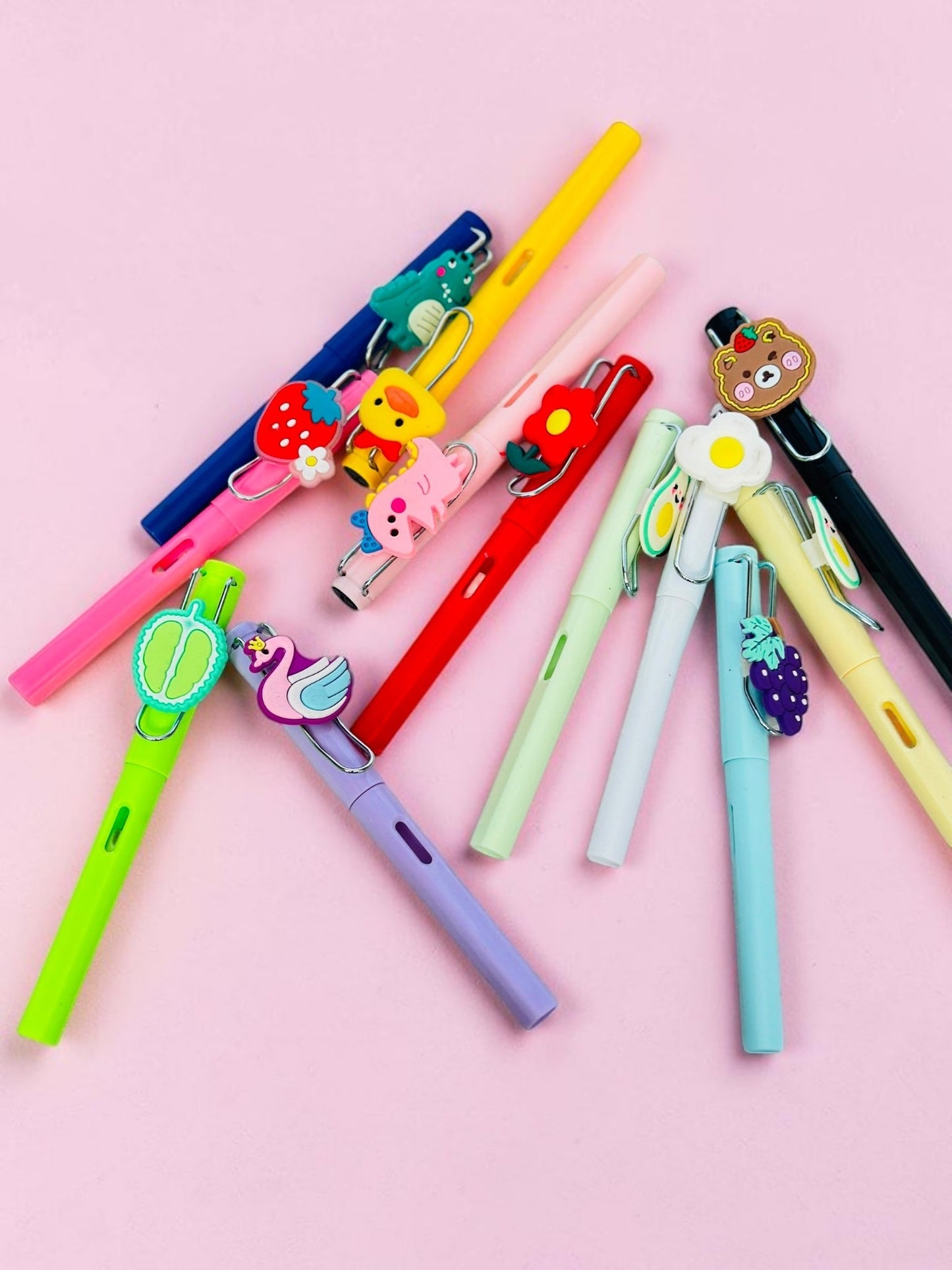 Miso station colorful gel pens with whimsical 3D silicone character toppers including animals and food motifs