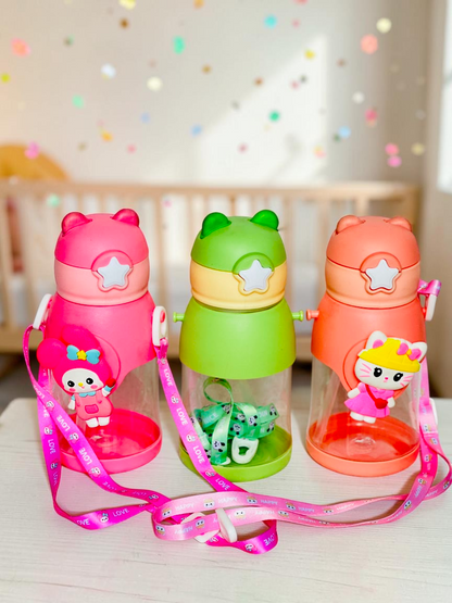 Miso station character-themed water bottles in pink, green, and coral with 3D animal accents and carrying straps.