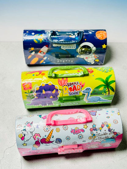 Miso station decorative children's storage cases with combination locks in space, dinosaur, and unicorn themes.