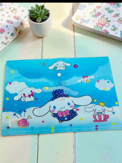 Miso station Cinnamoroll plastic document folder in blue with a snap-button closure and whimsical character graphics.