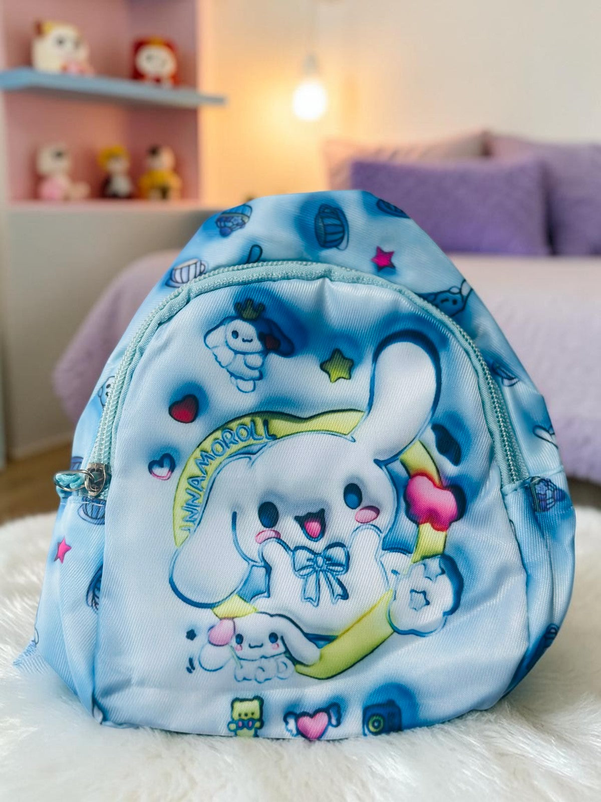 Miso station Cinnamoroll mini sling backpack in light blue with vibrant character print and zipper closure