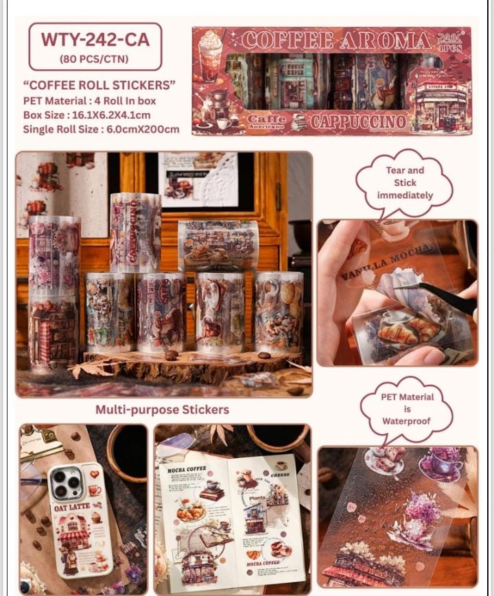 Miso station Coffee Aroma PET sticker rolls featuring café illustrations, pastries, and coffee drinks for journaling.