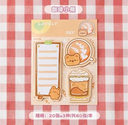 Miso station coffee bear themed adhesive memo note pad set with three unique cartoon designs on a red checkered cloth