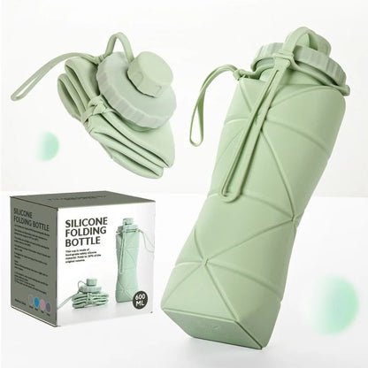 Miso station sage green collapsible silicone water bottle with carry strap and matching product packaging box