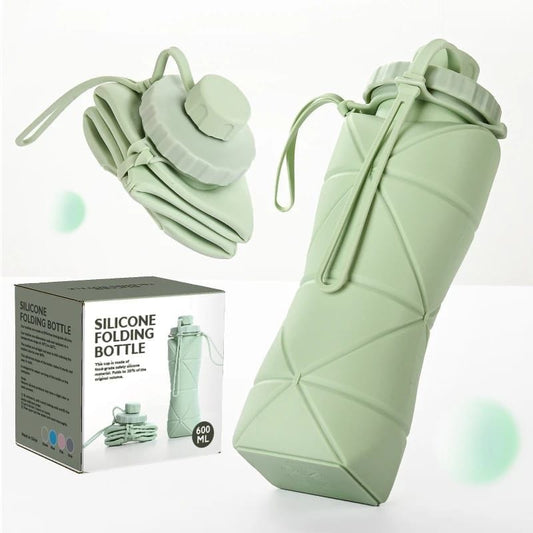 Miso station sage green collapsible silicone water bottle with carry strap and matching product packaging box
