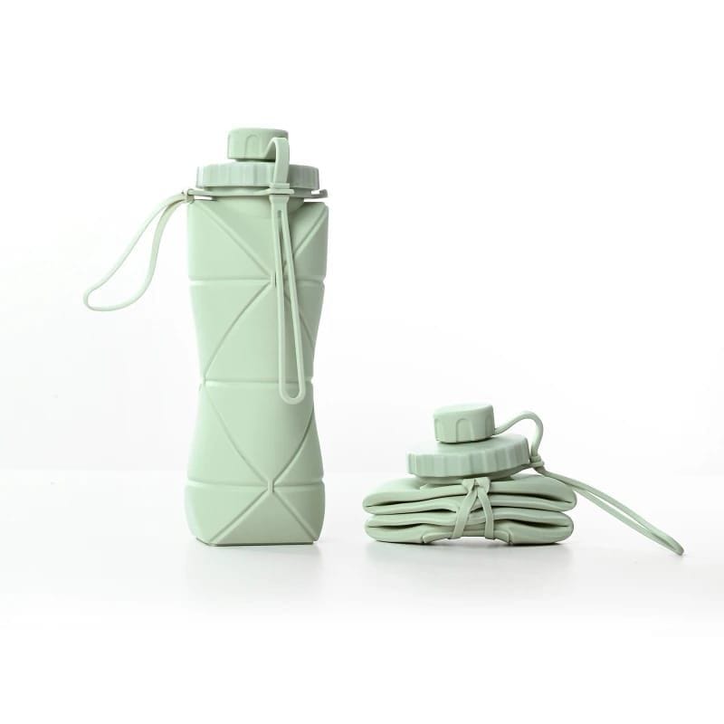 Miso station sage green collapsible silicone water bottle shown in both expanded and folded states.