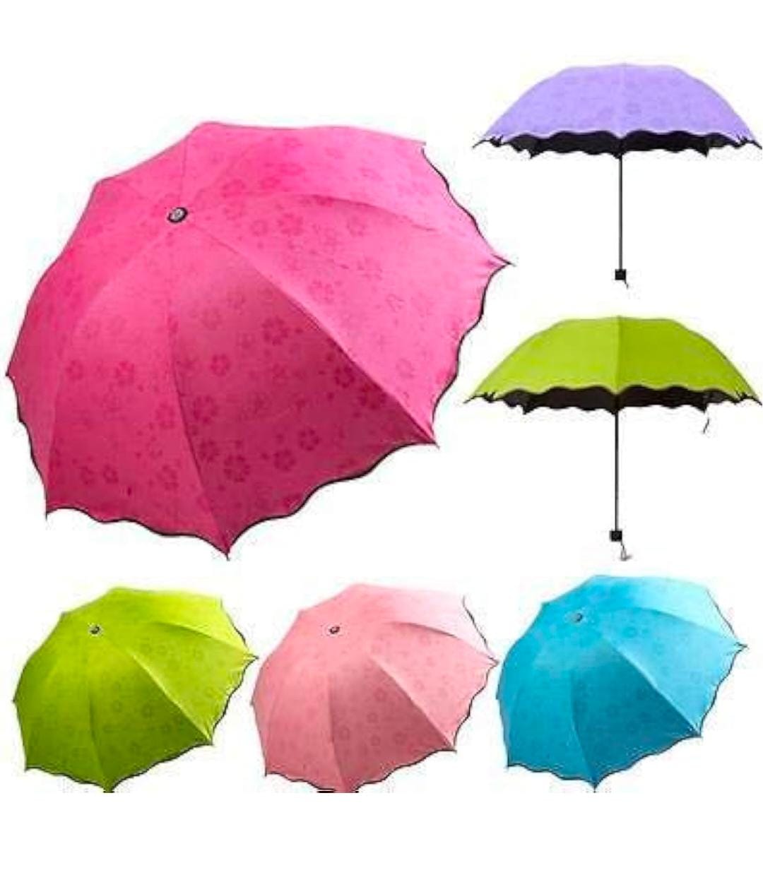 Miso station color-changing floral umbrellas in various bright colors with scalloped edges and UV protection.