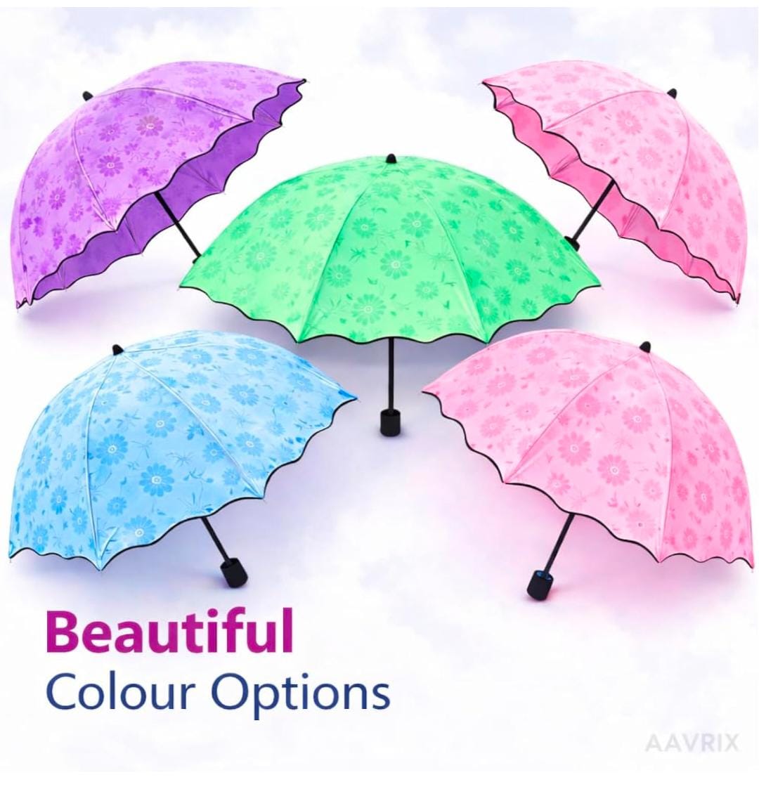 Miso station color-changing floral umbrellas in purple, green, pink, and blue with scalloped edges on a white background