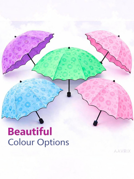 Miso station color-changing floral umbrellas in purple, green, pink, and blue with scalloped edges on a white background