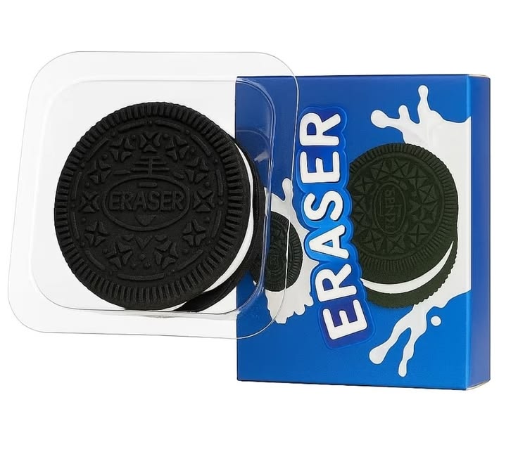 Miso station cookie shaped sandwich eraser in black and white with blue milk splash packaging