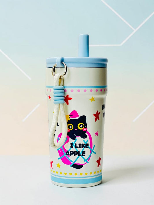 Miso station cream insulated tumbler featuring a black cat in an apple graphic with a light blue lid and carry strap.