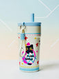 Miso station cream insulated tumbler featuring a black cat in an apple graphic with a light blue lid and carry strap.