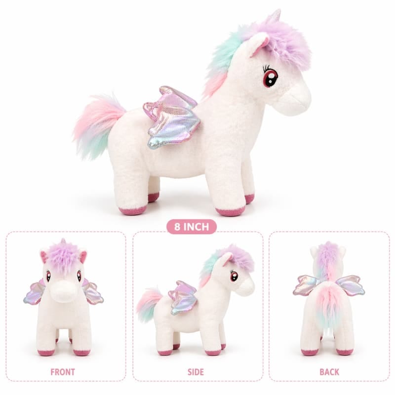 Miso station 8-inch cream plush unicorn toy with pastel mane, tail, and shimmering iridescent wings.