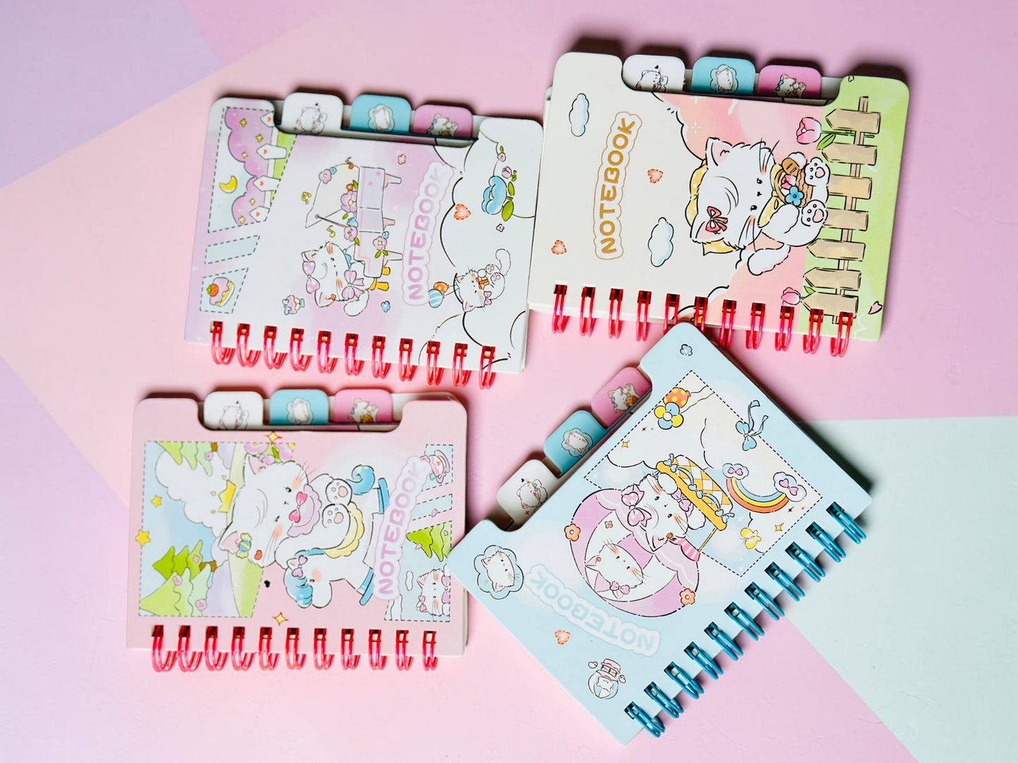 Miso station spiral bound notebooks featuring cute pastel kitten illustrations and convenient side tabs.
