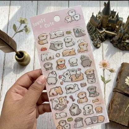 Miso station sticker sheet featuring cute cartoon dogs in various poses and colors on a pink background.