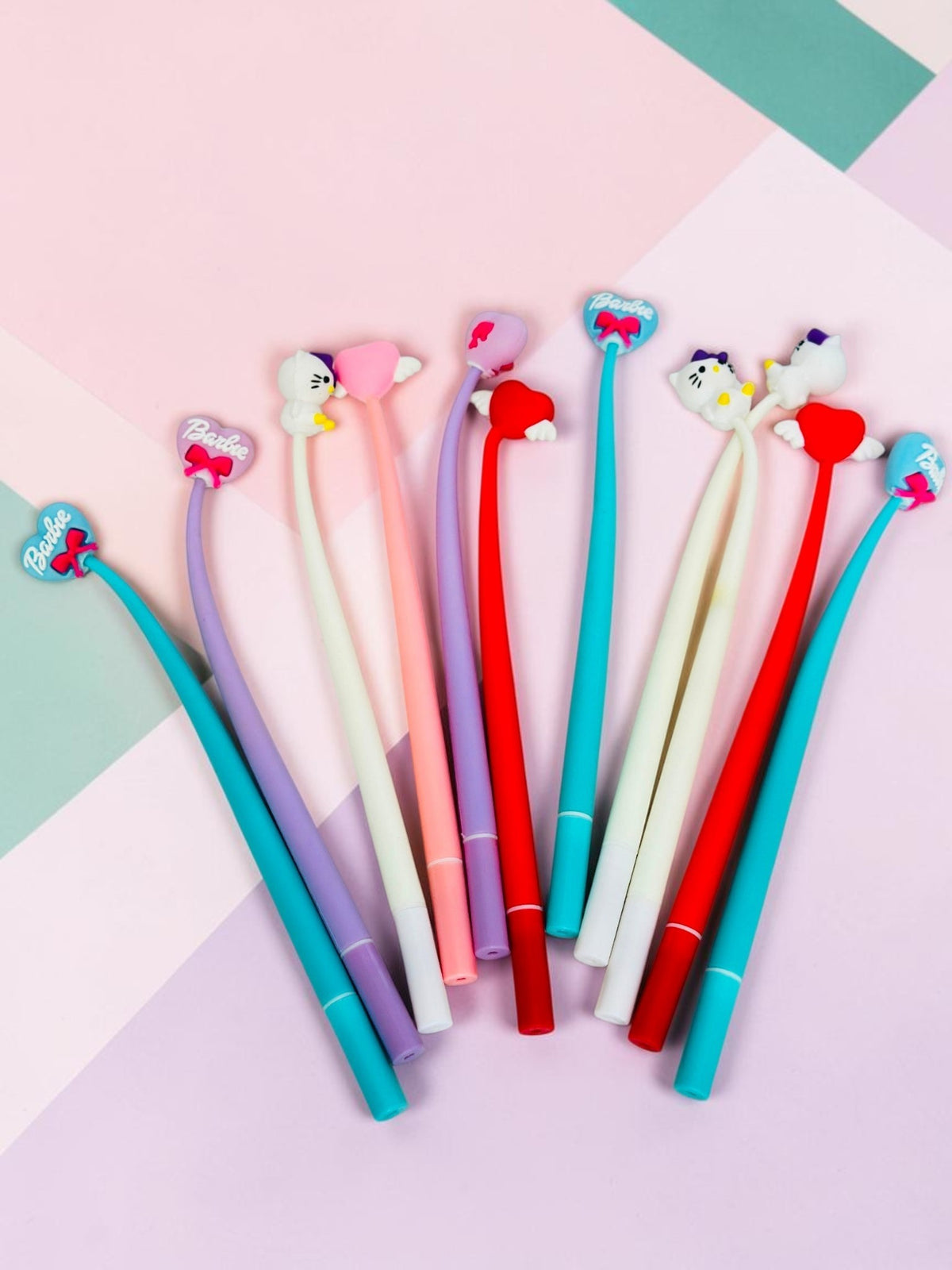 Miso station decorative gel pens featuring colorful barrels and cute character or heart toppers on a white background.