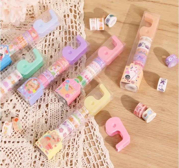 Miso station decorative washi tape set with colorful patterned rolls and pastel plastic dispensers on lace fabric