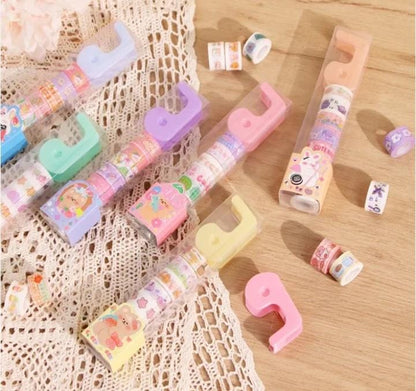 Miso station decorative washi tape set with colorful patterned rolls and pastel plastic dispensers on lace fabric