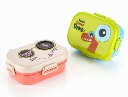 Miso station Super Duper lunch boxes in green dinosaur and beige cat designs with 4-side locking leak-proof lids