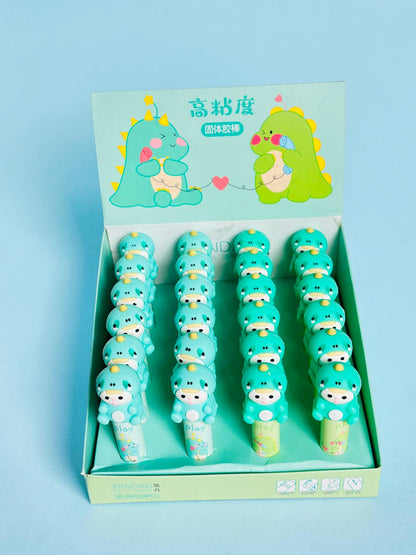 Miso station dinosaur character glue stick set in a display box with 24 pieces for school and craft projects