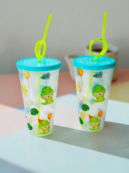 Miso station dinosaur themed plastic tumblers with blue lids and lime green curly straws for kids