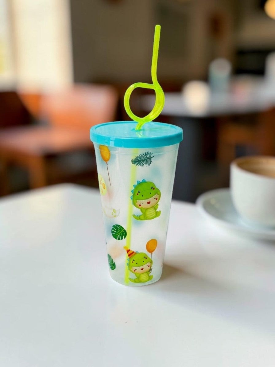 Miso station dinosaur themed plastic tumbler with a blue lid and lime green curly straw for kids