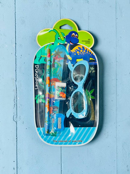 Miso station dinosaur themed stationery set including a pencil, sharpener, eraser, ruler, and light blue novelty glasses