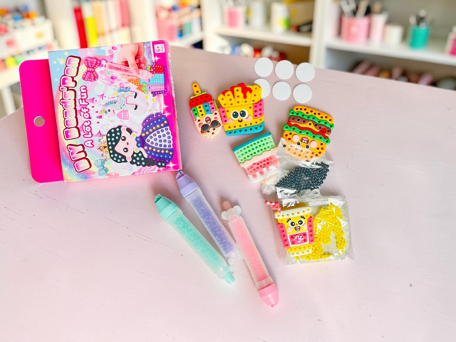 Miso station DIY Beads Pen craft kit with colorful bead pens and food-themed figures on a pink table