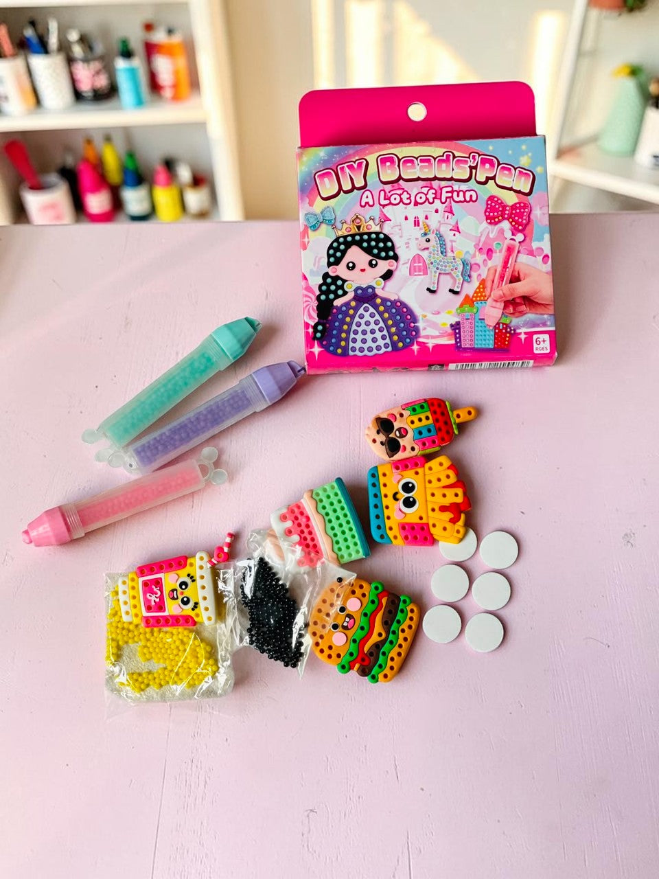 Miso station DIY Beads Pen craft kit with colorful bead pens, food-themed figures, and small beads for kids