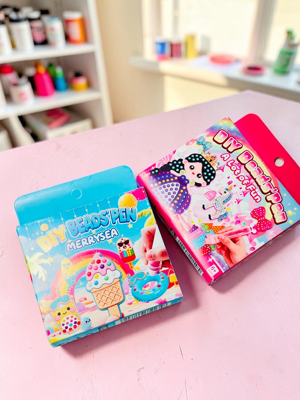 Miso station DIY Beads Pen craft kits featuring colorful food and fantasy themes for creative children's activities.