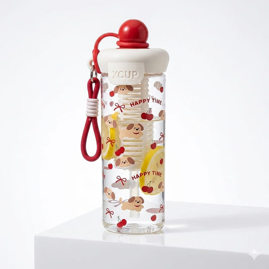 Miso station clear fruit infuser water bottle with cute dog print, red lid, and silicone carrying strap