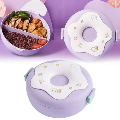 Miso station donut-shaped bento lunch box in light purple with internal compartments, locking clips, and utensils.