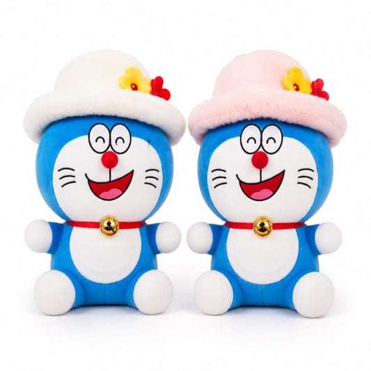 Miso station Doraemon plush toy pair featuring blue cat characters wearing white and pink flower-adorned hats