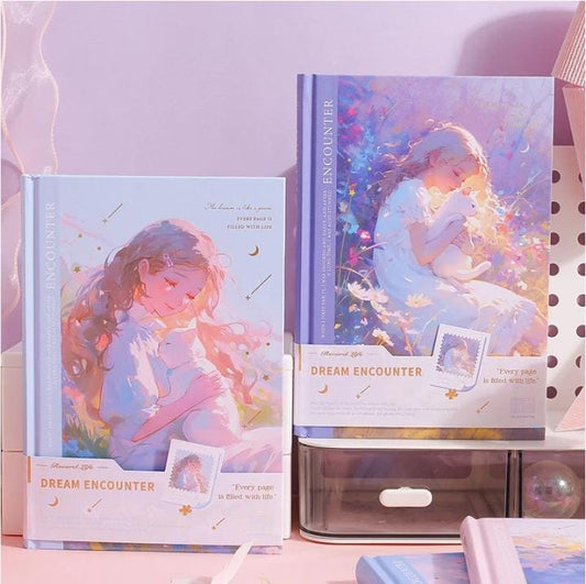 Miso station Dream Encounter hardcover journal with whimsical ethereal girl and cat illustration on pastel cover