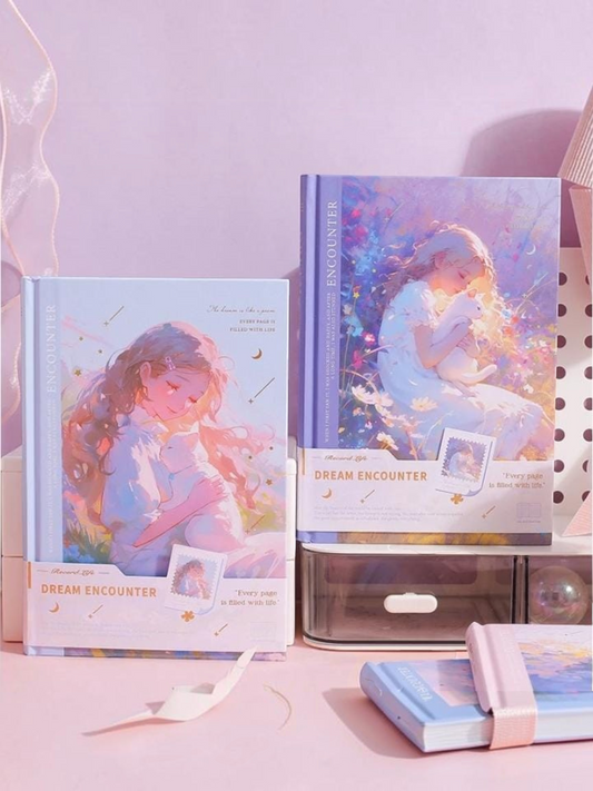 Miso station Dream Encounter hardcover journal with whimsical ethereal girl and cat illustration on pastel cover
