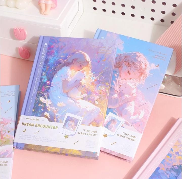 Miso station Dream Encounter hardcover journal featuring whimsical anime-style illustrations of a girl and cat
