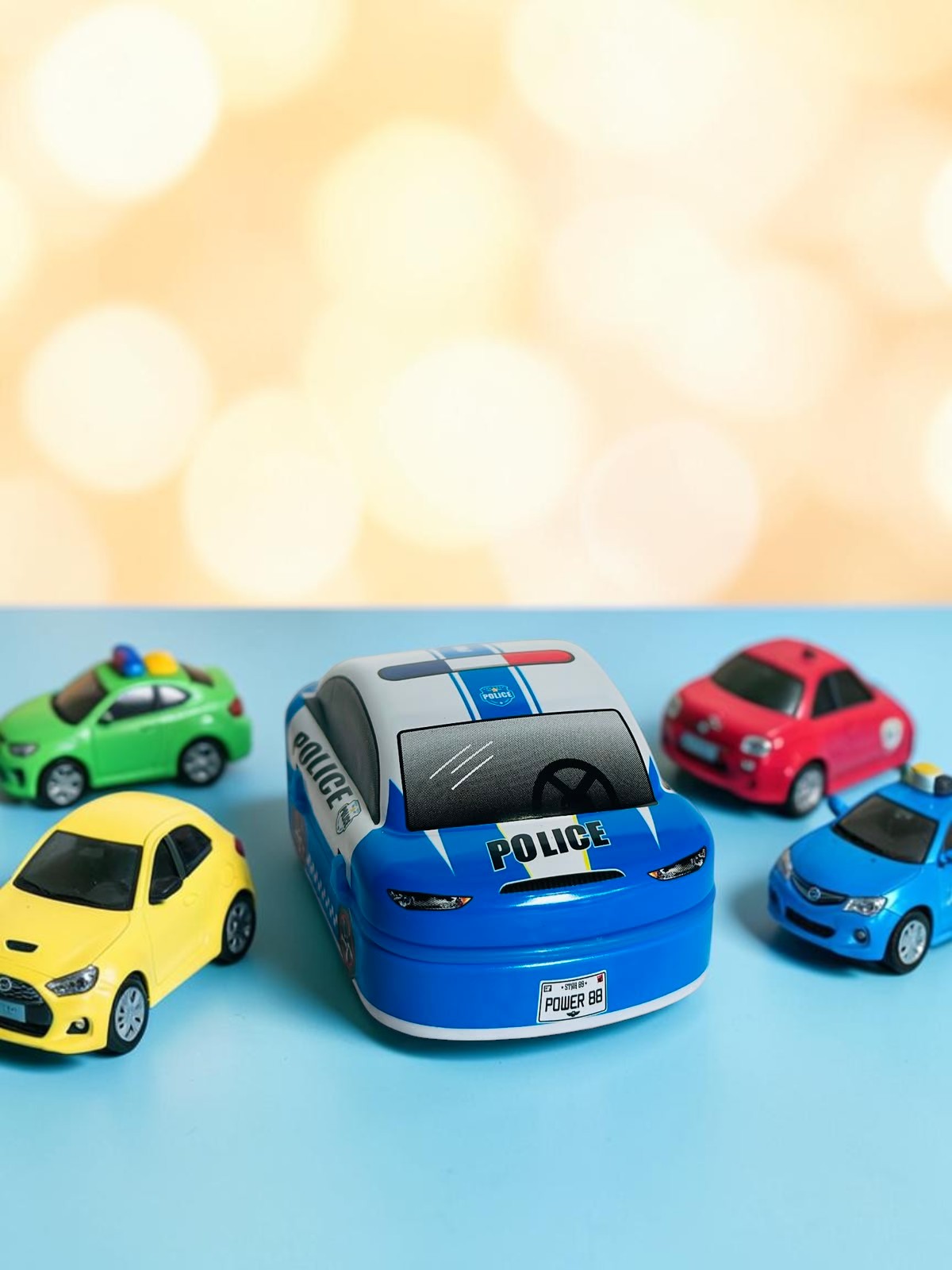 Miso station emergency vehicle metal toy car collection featuring a large police car surrounded by smaller toy cars.