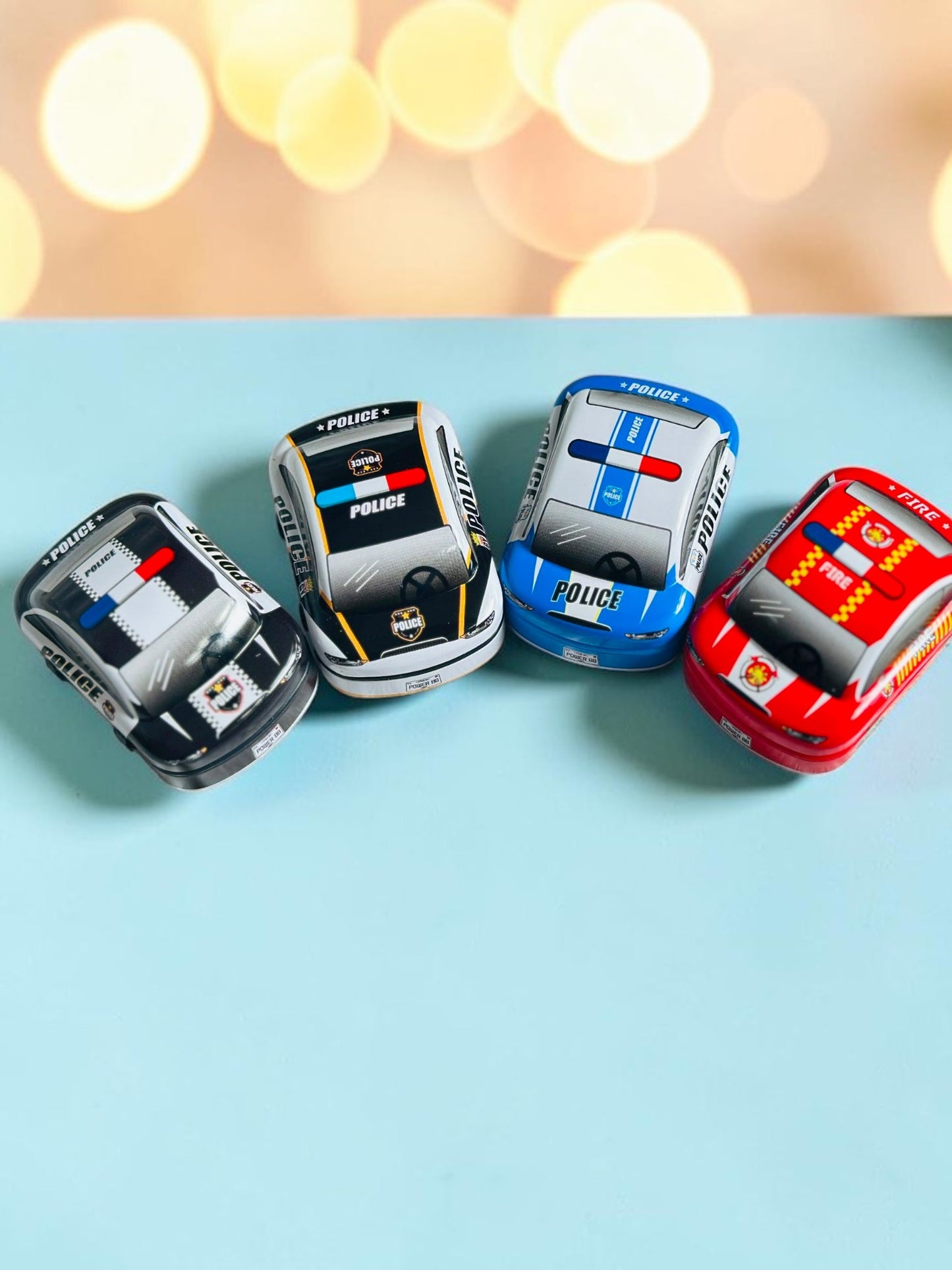 Miso station emergency vehicle toy car set featuring black, white, blue, and red police and fire rescue metal cars.