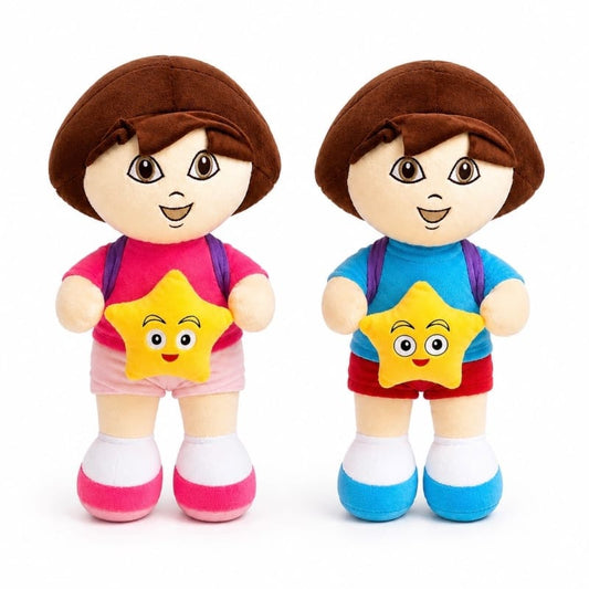 Miso station plush toy set featuring two explorer dolls with brown hair and yellow star companions on white background