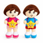 Miso station plush toy set featuring two explorer dolls with brown hair and yellow star companions on white background