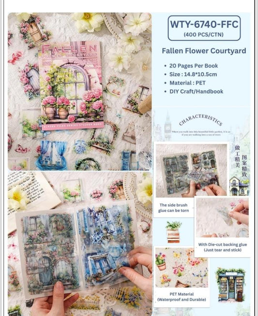 Miso station Fallen Flower Courtyard sticker book featuring floral and garden-themed PET waterproof adhesive tiles.