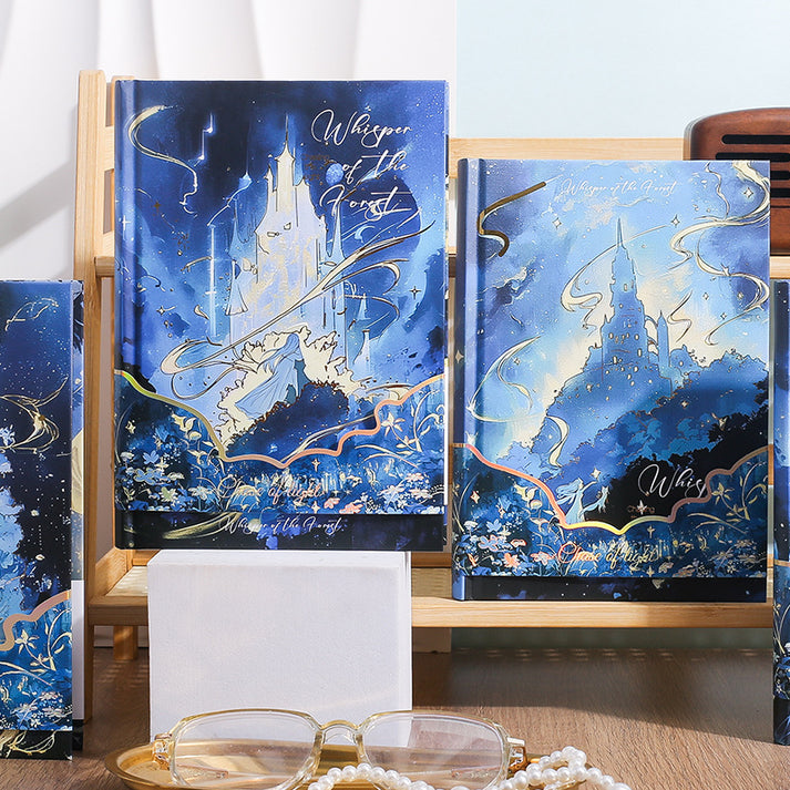 Miso station Whisper of the Forest hardcover journal featuring a deep-blue fantasy castle landscape with gold-foil art.