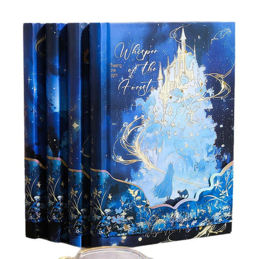 Miso station Whisper of the Forest hardcover journal with deep blue fantasy landscape, castle, and gold-foil details.