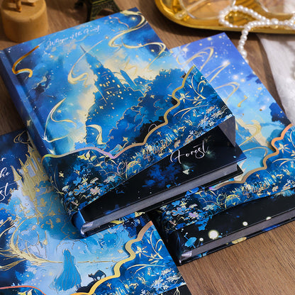 Miso station Whisper of the Forest hardcover journal with deep blue fantasy landscape and gold foil castle detailing.
