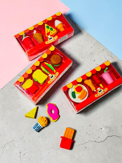 Miso station fast food themed stationery eraser set featuring miniature burgers, fries, and desserts in red boxes.
