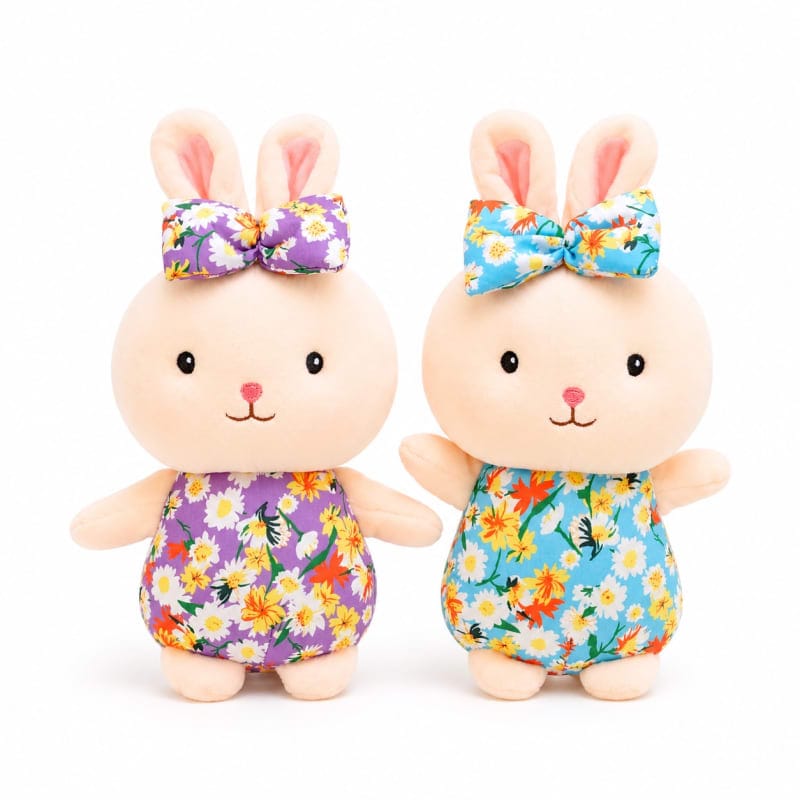 Miso station plush bunny toy set in purple and blue floral rompers with matching bows and soft embroidered faces