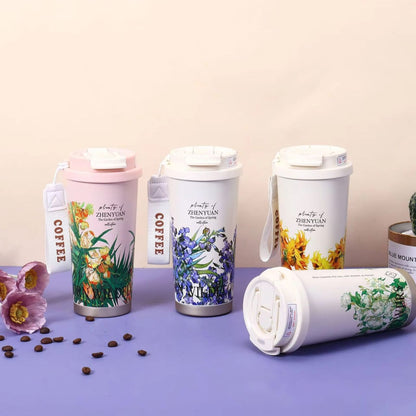 Miso station floral insulated travel tumblers with botanical illustrations, leak-resistant lids, and carrying straps.